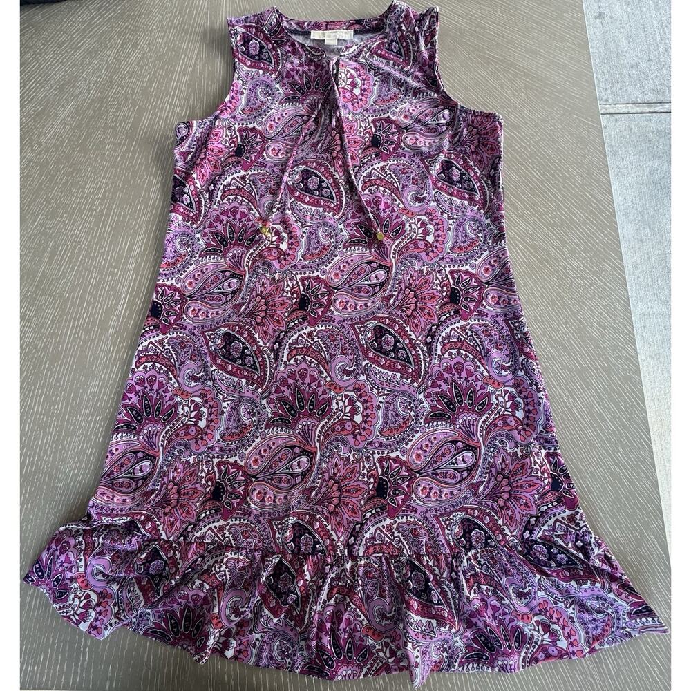 Michael Kors Sleeveless Paisley Dress Ruffle Hem Pink Purple Women's M